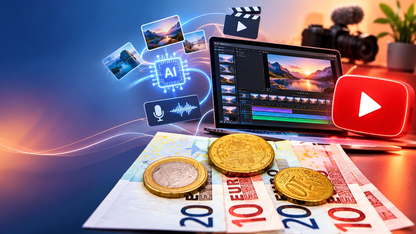 Un poste de montage vidéo avec microphone, casque et écran affichant une chronologie de montage, entouré d’icônes représentant la croissance, l’audience, les partenariats et la production pour des clients.